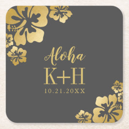 Hochzeit von Gold Hibiskus Aloha Monogram Rechteckiger Pappuntersetzer