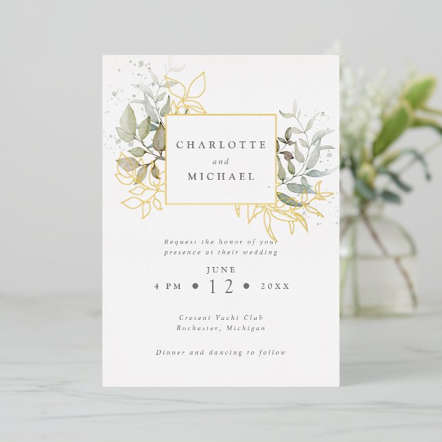 Hochzeit von Gold und Grüntönen Folieneinladung (Stehend vorne)