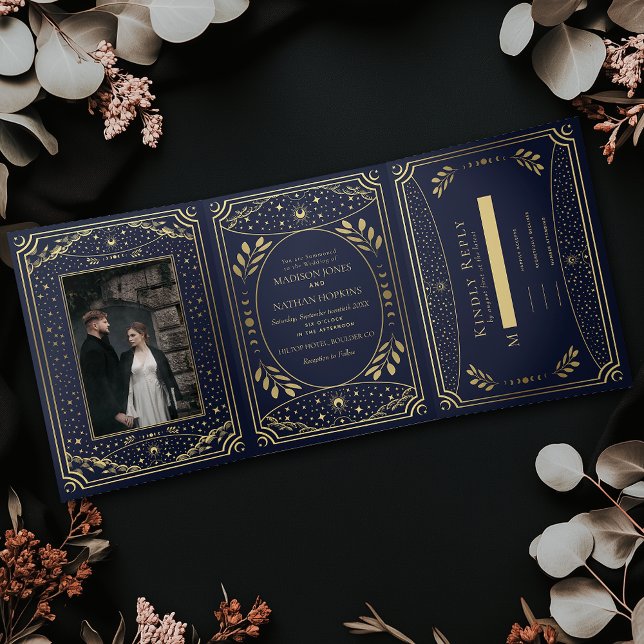 Hochzeit von Gold und Navy-Elegantes Tarot Dreifach Gefaltete Einladung (Von Creator hochgeladen)