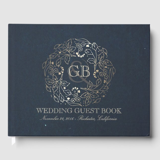 Hochzeit von Gold- und Navy-Floral-Wreath-Jahrgäng Gästebuch (Vorderseite)