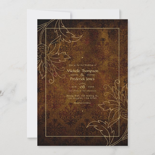 Hochzeit von Gold Vintag Damask Einladung (Vorderseite)
