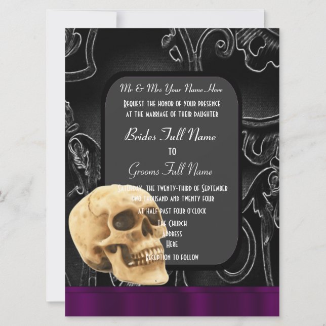 Hochzeit von Gothic Skull und Black Damask Einladung (Vorderseite)
