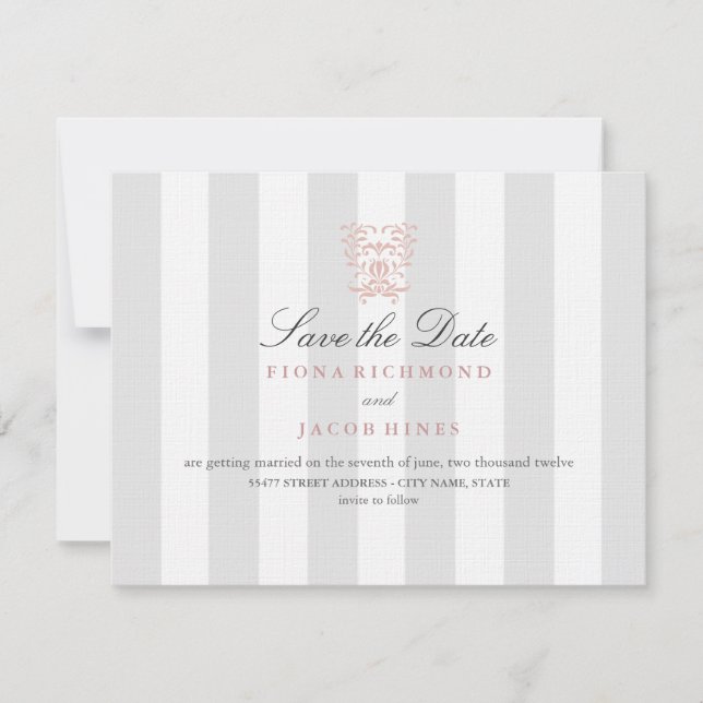 Hochzeit von grauen Streifen und Peach Damask Save The Date (Vorderseite)