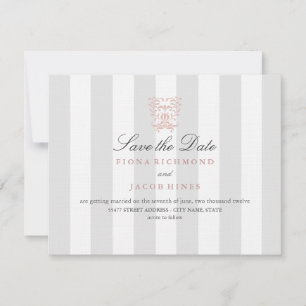 Hochzeit von grauen Streifen und Peach Damask Save The Date