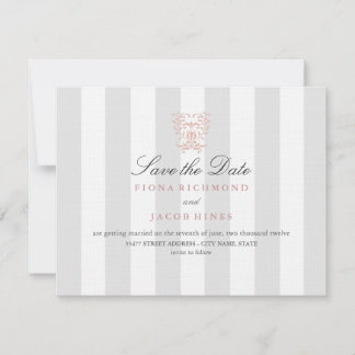 Hochzeit von grauen Streifen und Peach Damask Save The Date