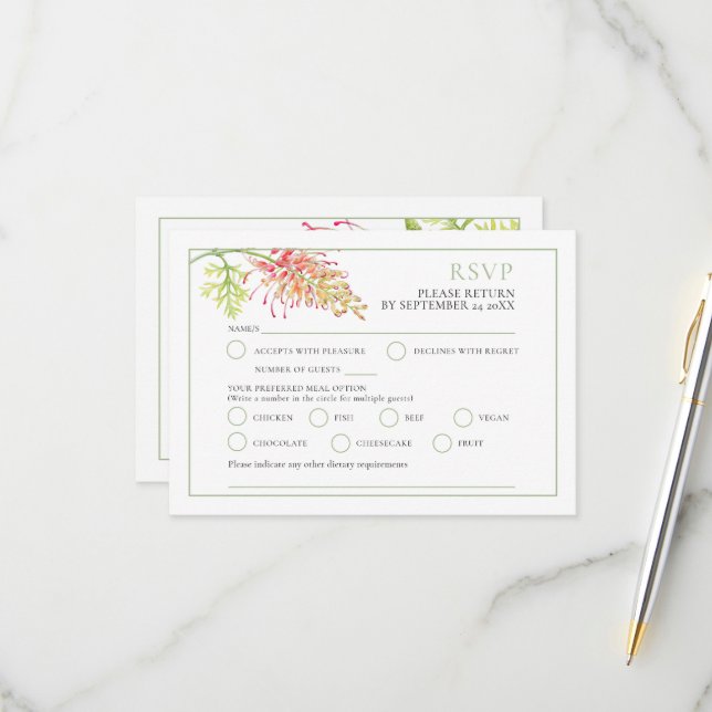 Hochzeit von Grevillea Aquarell RSVP Karte (Vorderseite/Rückseite Beispiel)