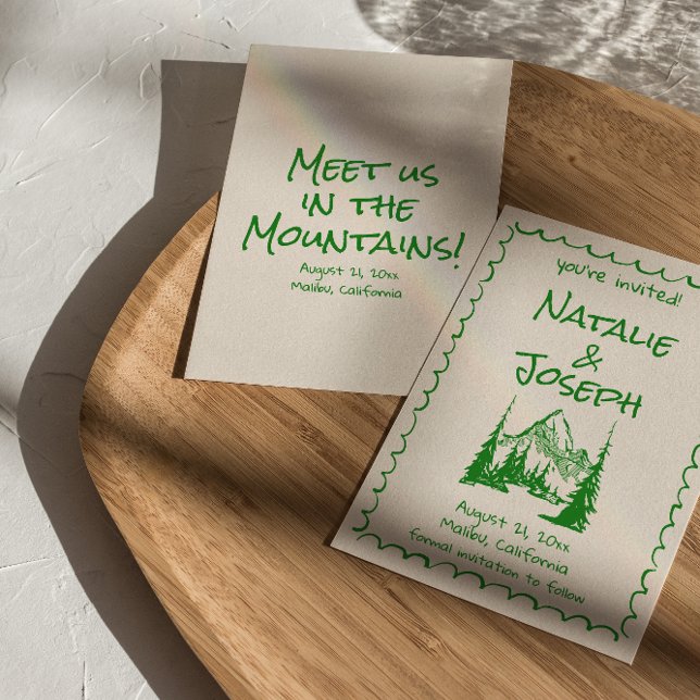 Hochzeit von Hand Drawn Cream Green Boho Mountain Save The Date (Von Creator hochgeladen)