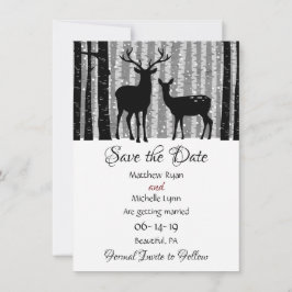 Hochzeit von Hirsch und Bäumen im rustikalen Winte Save The Date