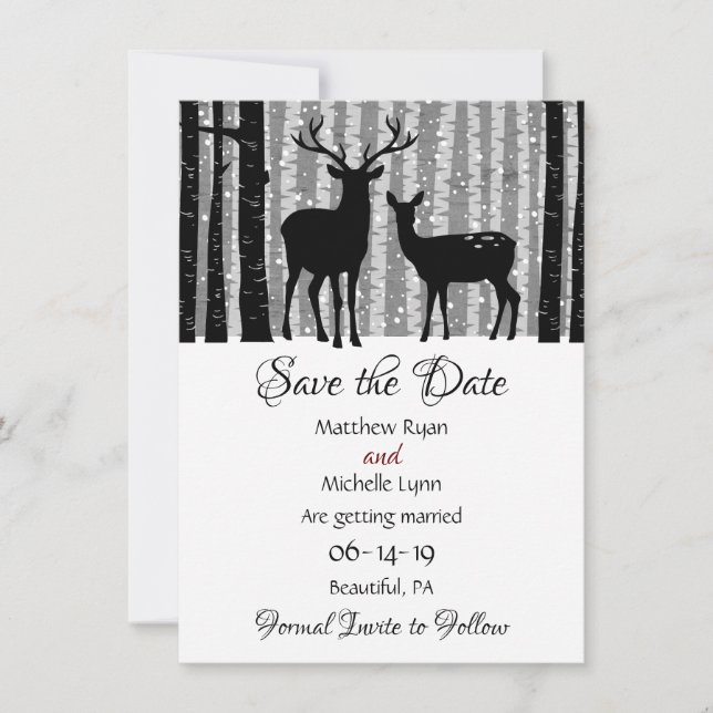 Hochzeit von Hirsch und Bäumen im rustikalen Winte Save The Date (Vorderseite)