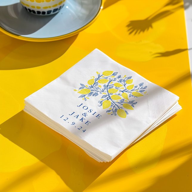 Hochzeit von hübschen, blauen und gelben Zitronenw Serviette (Pretty and Delicate Woodcut Effect Blue and Yellow Mediterranean-Inspired Lemon Vines Napkins)