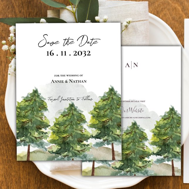 Hochzeit von hübschen Wasserfarben Ankündigungspostkarte (Pretty Watercolor Trees Landscape Monogram Wedding Save the Date Announcement Postcard)