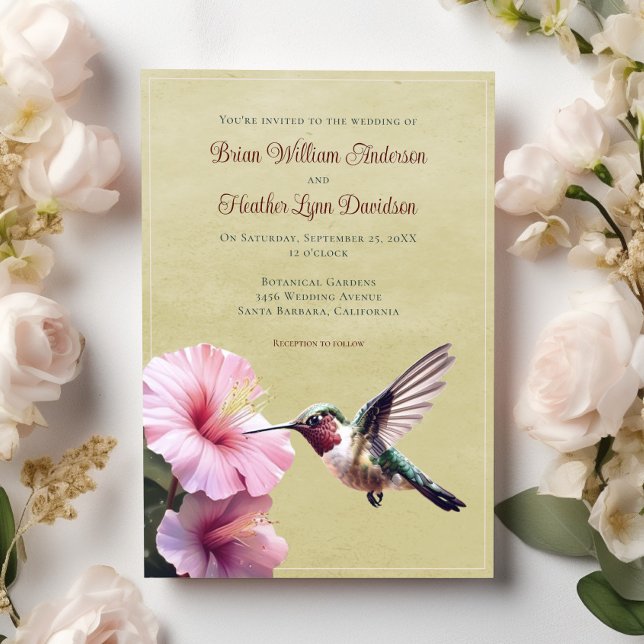 Hochzeit von Hummingvogel und Hibiskus | Gelb Einladung (Yellow Hummingbird and Hibiscus Wedding Invitation)