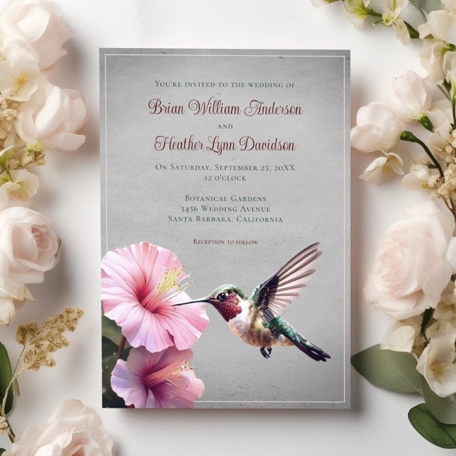 Hochzeit von Hummingvogel und Hibiskus | Grau Einladung (Gray Hummingbird and Hibiscus Wedding Invitation)