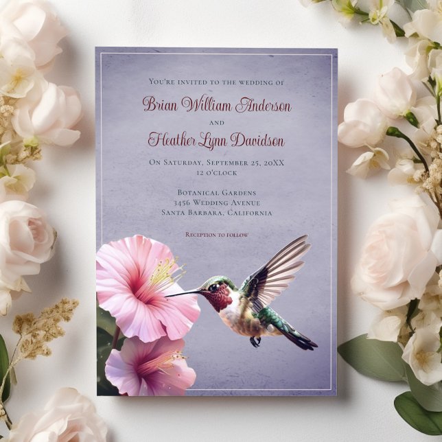 Hochzeit von Hummingvogel und Hibiskus | Lila Einladung (Purple Hummingbird and Hibiscus Wedding Invitation)
