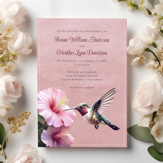 Hochzeit von Hummingvogel und Hibiskus | Pink Einladung (Pink Hummingbird and Hibiscus Wedding Invitation)