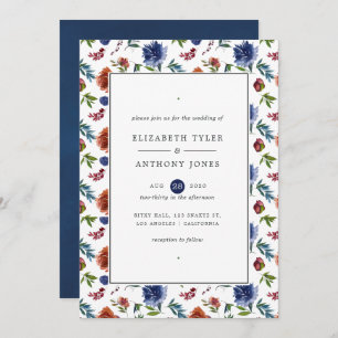 Hochzeit von Ingwer und Navy-Wasserfarben-Flora Einladung