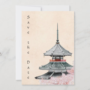 Hochzeit von japanischem Tempel und Kirschblüten Save The Date