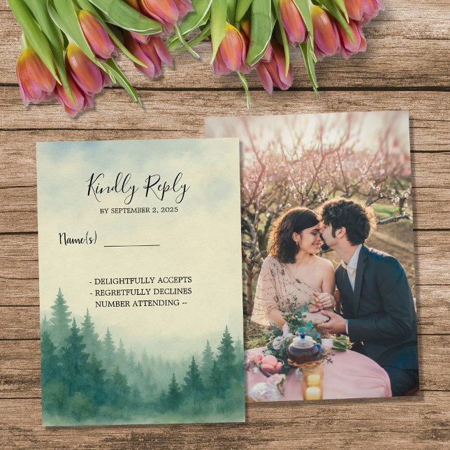 Hochzeit von Kiefernwäldern Einladung (Watercolor pine tree forest wedding photo RSVP Invitation.)