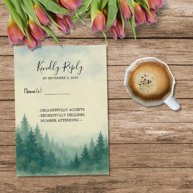 Hochzeit von Kiefernwäldern Einladung (Watercolor pine tree forest wedding RSVP Invitation.)
