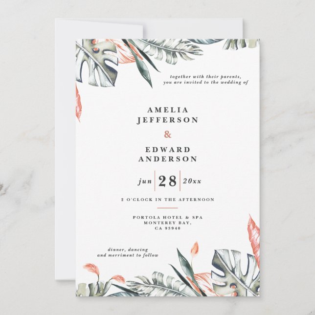 Hochzeit von korallenrosa und tropischem Blattwerk (Vorderseite)