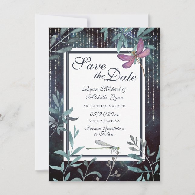 Hochzeit von Libellen und Lichtern Abend Garden Save The Date (Vorderseite)