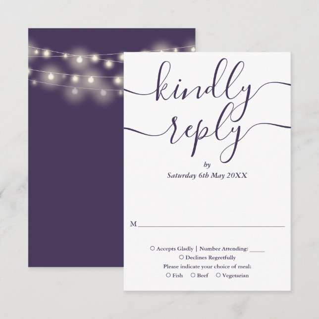 Hochzeit von lila Skriptzeichenfolgen RSVP Karte (Vorne/Hinten)