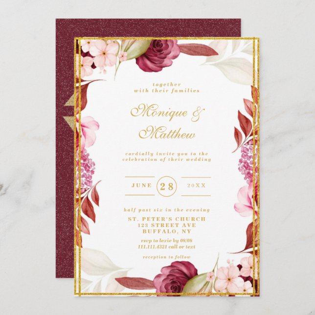 Hochzeit von Luxury Pink Gold Peony Glitzer Typogr Einladung (Vorne/Hinten)