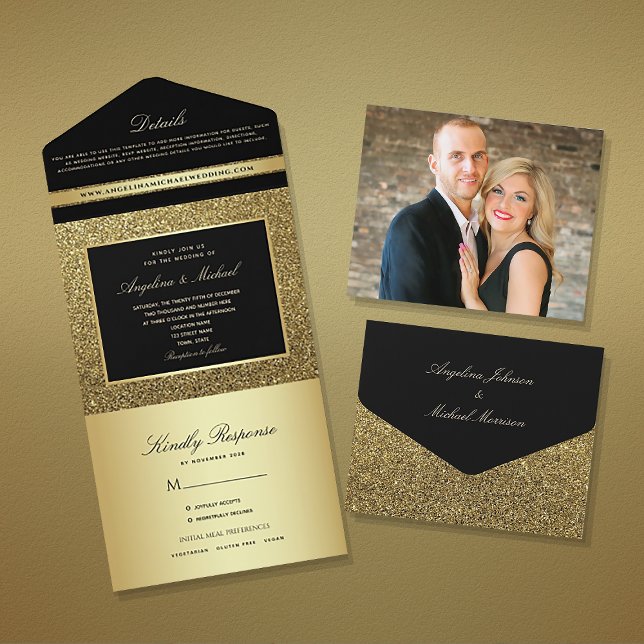 Hochzeit von Luxus-Black and Gold-Glitzer All In One Einladung (Von Creator hochgeladen)