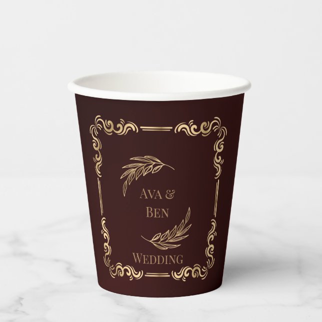 Hochzeit von Luxus-Burgund und Gold-Schnörkel Pappbecher (Vorderseite)