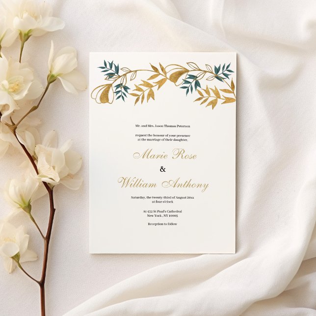 Hochzeit von Luxusweißgold-grauem Zyanblättern Einladung (Luxury white gold grayish cyan foliage Wedding)