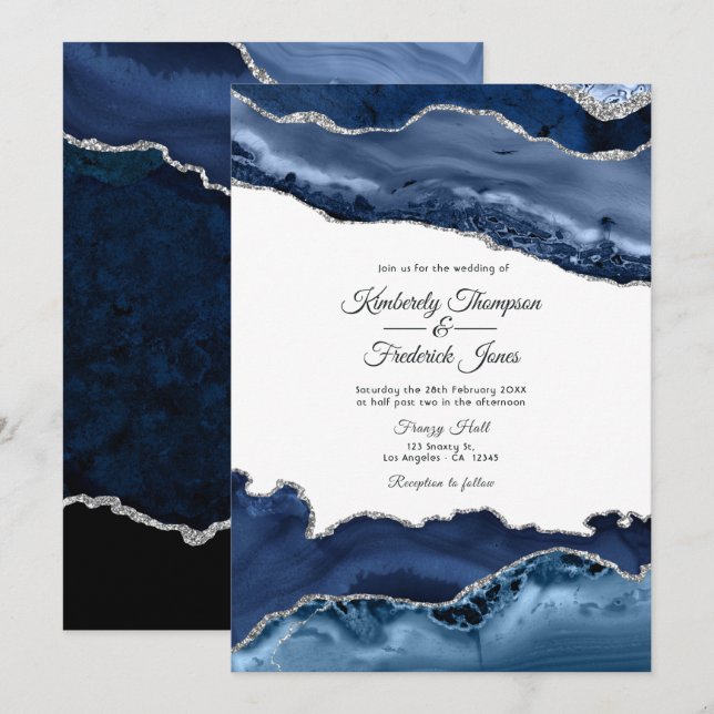 Hochzeit von Marine und Silver Agate Einladung (Vorne/Hinten)