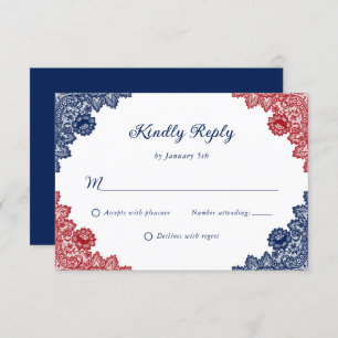 Hochzeit von marineblau und rot-rustikal-blumenges RSVP karte