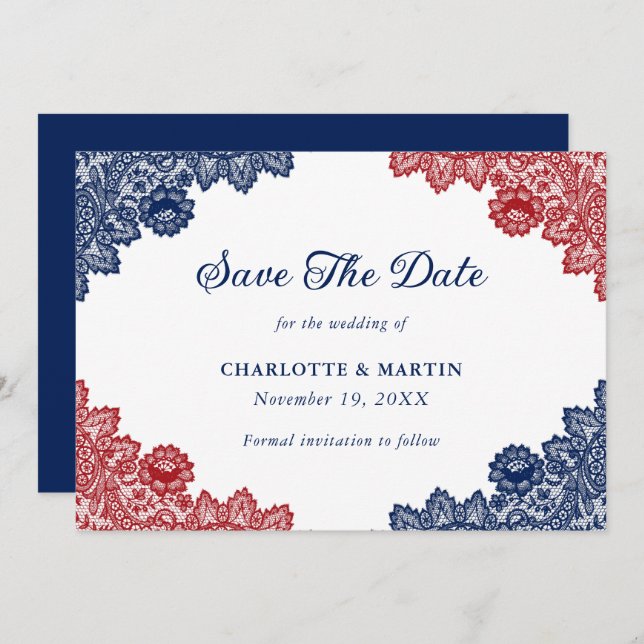 Hochzeit von marineblau und rot-rustikal-blumenges save the date (Vorne/Hinten)