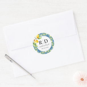 Hochzeit von mediterranen Kacheln und Zitronen Runder Aufkleber