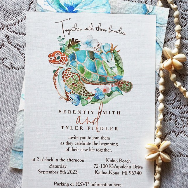 Hochzeit von Meeresschildkröten, tropisch-blauem K Einladung (Watercolor Sea Turtle Wedding Invitation for Sea Blue, Green, Brown Island Color Theme)