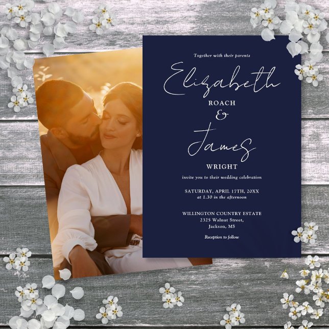 Hochzeit von Minimalistischem Foto mit Navy Blue Einladung (Navy Blue Minimalist Script Photo Wedding Invitation)