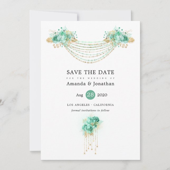 Hochzeit von Minze und Gold Floral Lights Save The Date (Vorderseite)