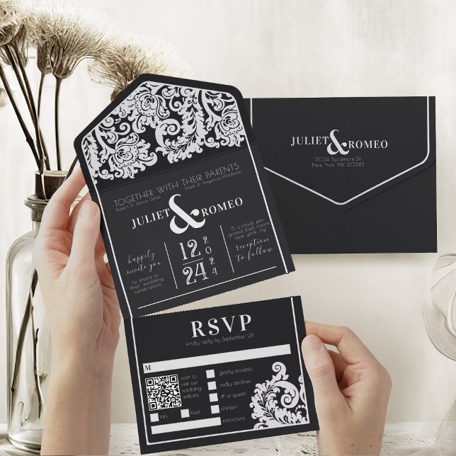 Hochzeit von modernen Schwarz-Weiß-Damaskus All In One Einladung (modern black and white wedding theme elegant damask all in one wedding invitation and rsvp card)