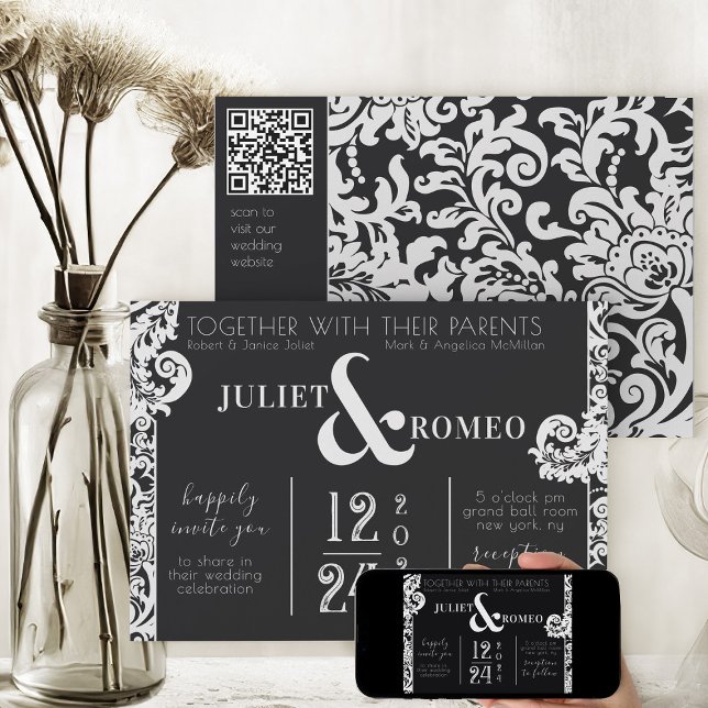 Hochzeit von modernen Schwarz-Weiß-Damaskus Einladung (elegant black and white theme modern floral damask printable wedding  invitation)