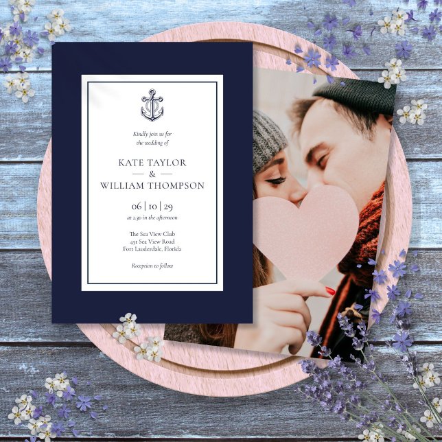 Hochzeit von Nautic Navy-Blue-White-Anchor-Foto Einladung (Nautical Navy Blue And White Anchor Photo Wedding Invitation)