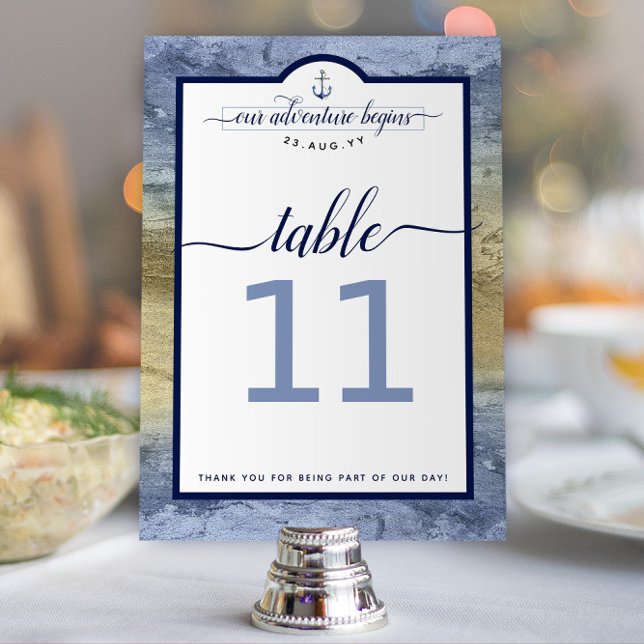 Hochzeit von Nautical Navy Steel Blue and Gold Eve Tischnummer (Steel Blue and Gold Nautical Wedding "Our Adventure Begins" Wedding Table Numbers)