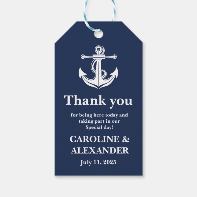 Hochzeit von Navy Blue Anchor Nautical Coastal Geschenkanhänger (Vorderseite)