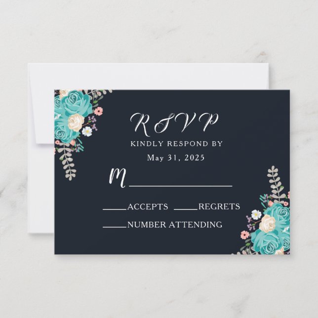 Hochzeit von Navy Blue Bluish Blume RSVP Karte (Vorderseite)