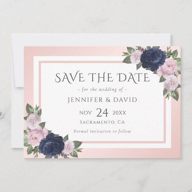 Hochzeit von Navy Blue Blush Pink Floral Save the  Date (Vorderseite)