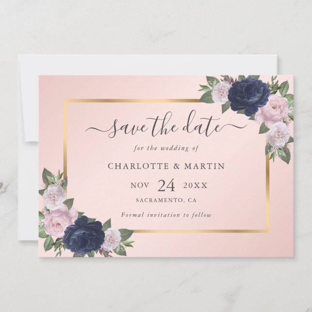 Hochzeit von Navy Blue Blush Pink Rose Gold Save The Date
