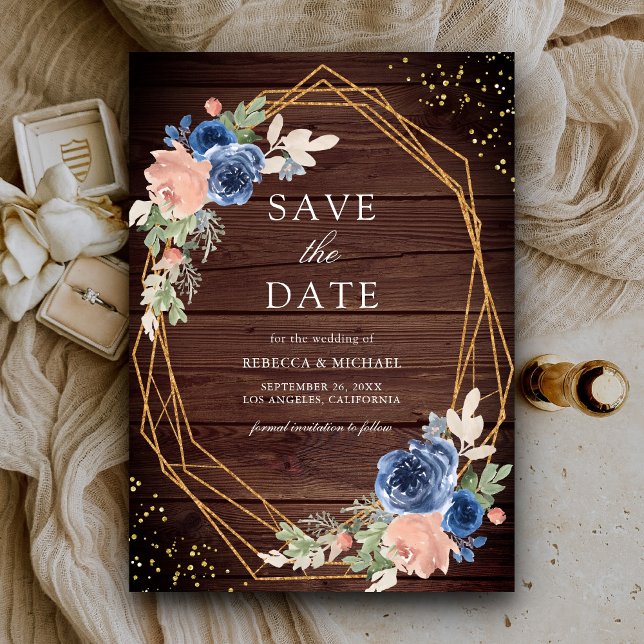 Hochzeit von Navy Blue Blush Pink Roses Barn Wood Save The Date (Von Creator hochgeladen)