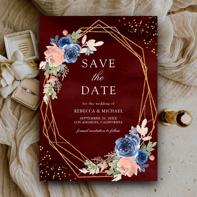 Hochzeit von Navy Blue Blush Pink Roses Burgundy Save The Date (Von Creator hochgeladen)