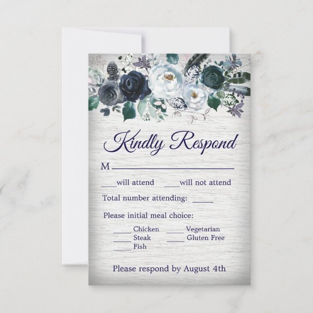 Hochzeit von Navy Blue Boho Tribal Watercolor RSVP Karte (Vorderseite)