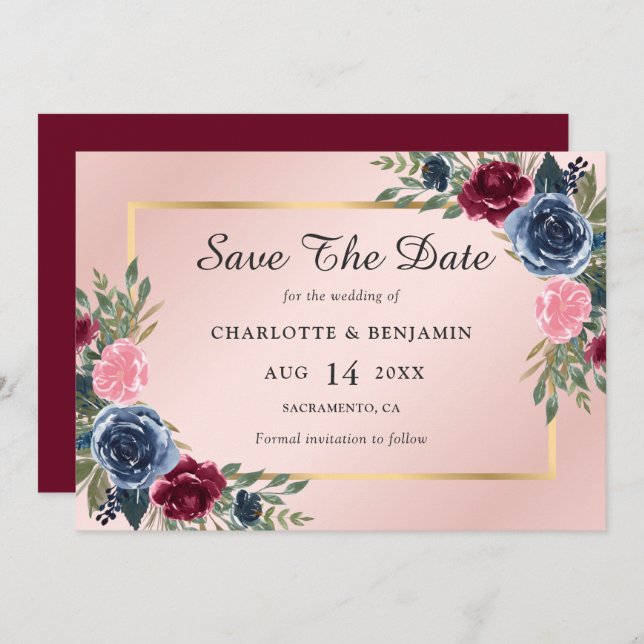Hochzeit von Navy Blue Burgundy Blush Gold Floral Save The Date (Vorne/Hinten)