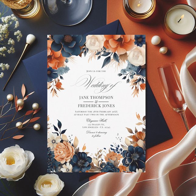 Hochzeit von Navy Blue, Burnt Orange und Champagne Einladung (Navy Blue, Burnt Orange, and Champagne Wedding Invitation)
